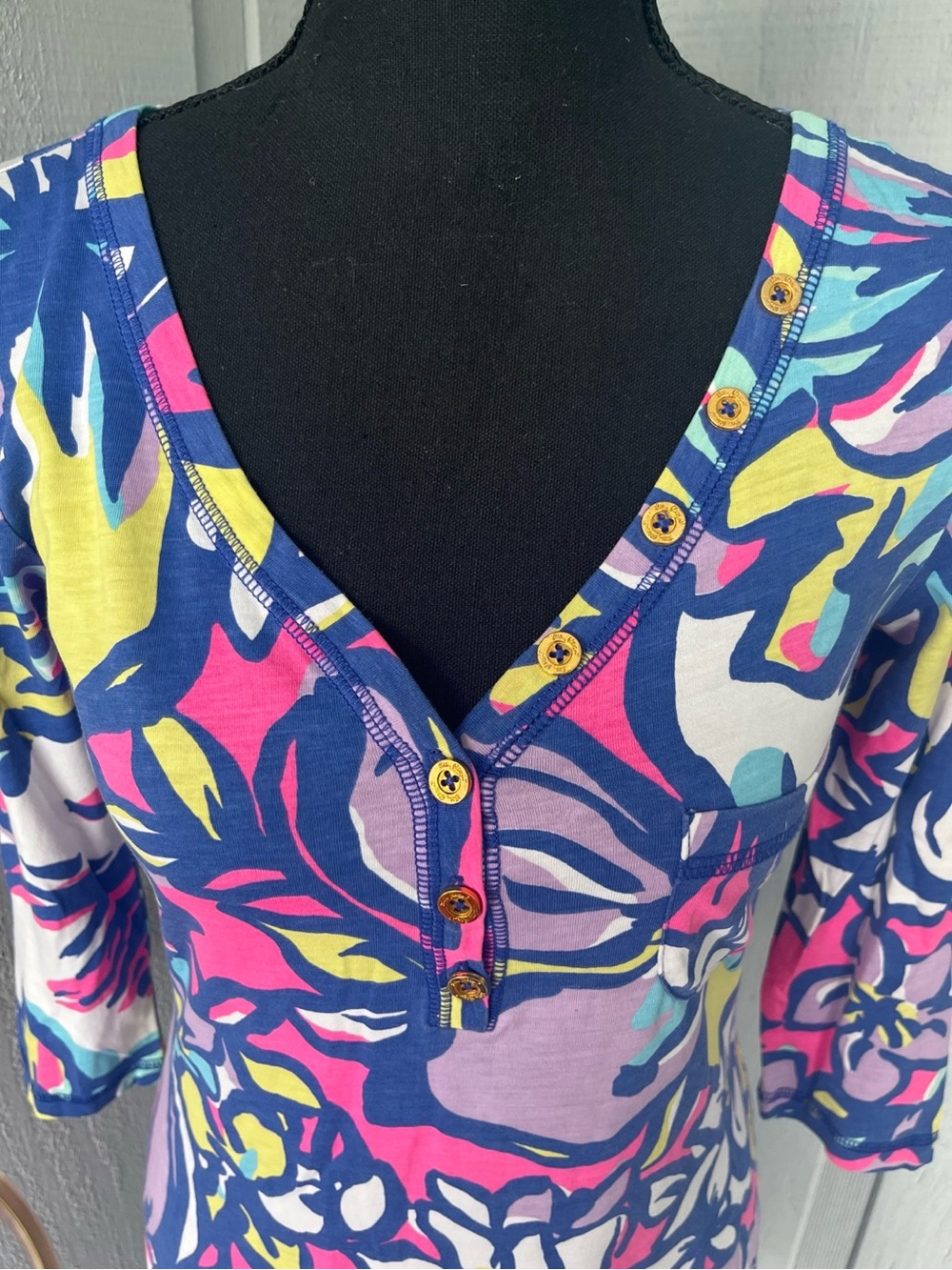 Lilly Pulitzer Pink Blue Yellow Floral Henley Midi Dress - Picture 5 of 10